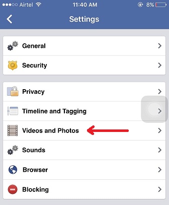disable autplay video option in Facebook iPhone