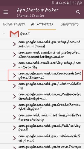create specific activity shortcut android
