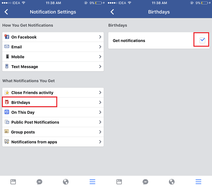 Turn On/Off Facebook Birthday Reminder Notification on App