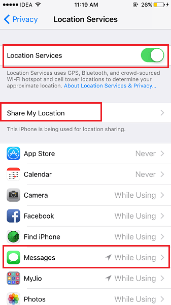 Enable Location in Messages app on iOS
