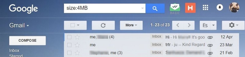 search emails by size in gmail