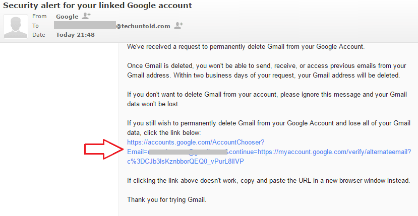 Verification Email to Delete Gmail Account