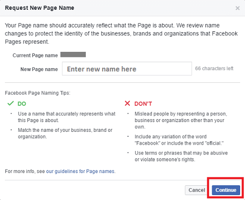 how to change name of facebook page - enter name