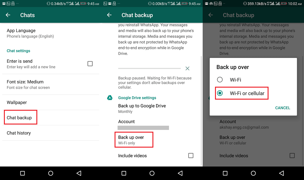 Backup WhatsApp With Cellular Data on Android