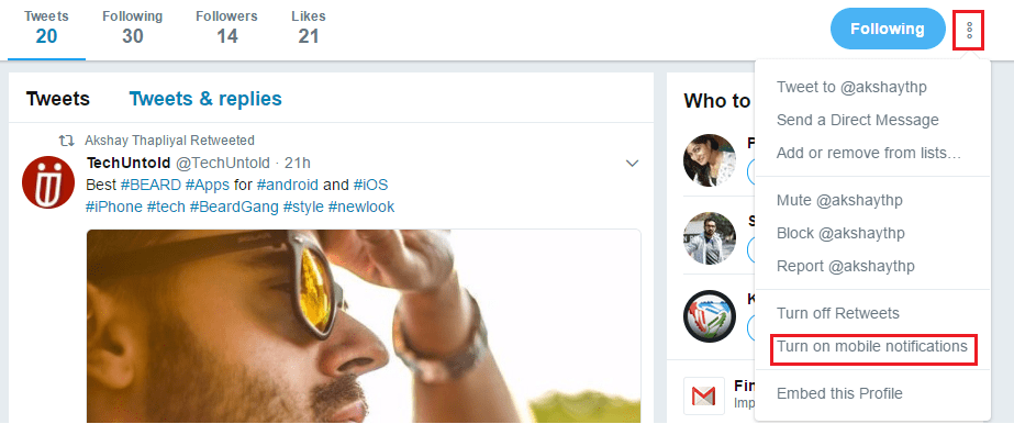Turn on Twitter Mobile Push Notifications for a specific person from website