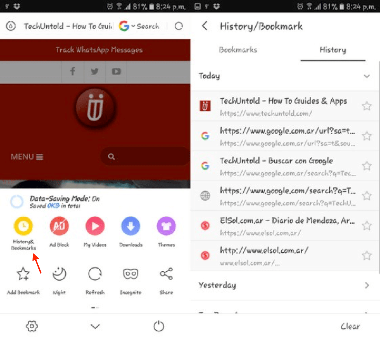 Clear UC Search History on Android