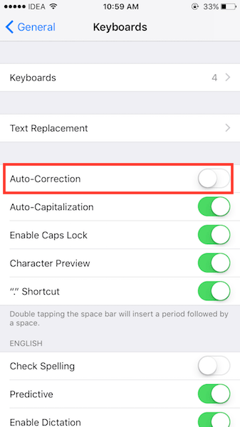 Turn off Autocorrect on iPhone or iPad