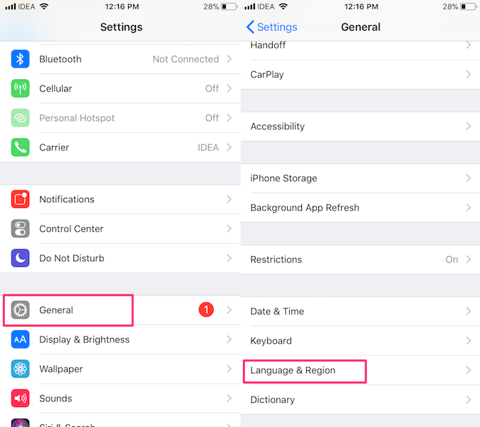 iPhone language settings