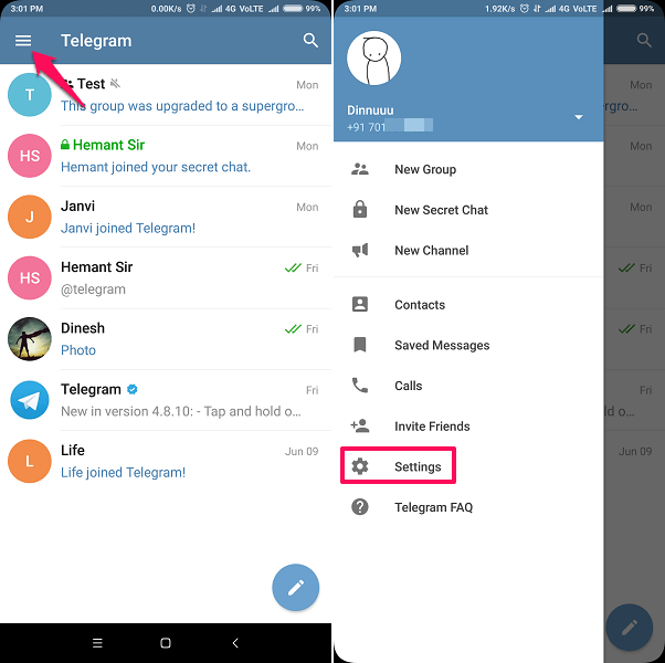 change Telegram phone number without uninstalling the app