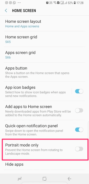 Enable Landscape mode in home screen on Galaxy S8/S9