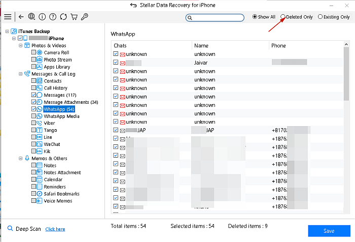 Selecting the deleted messages backup option for data recovery from iTunes