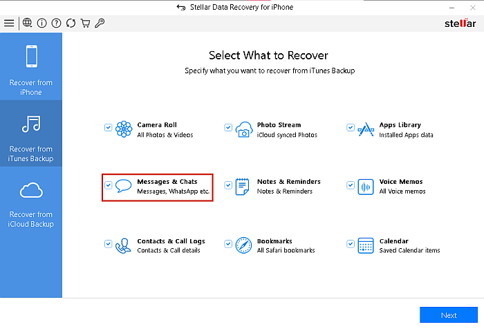 Recover Messages and chats option for Stellar Data Recovery for iPhone