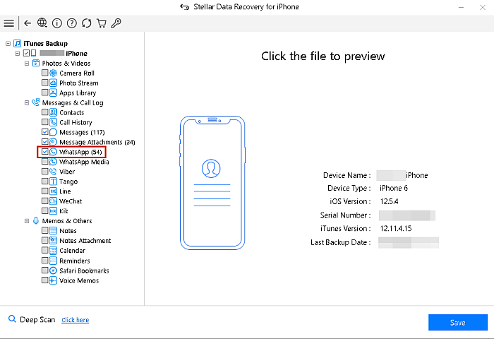Selecting WhatsApp chats and messages backup in iTunes