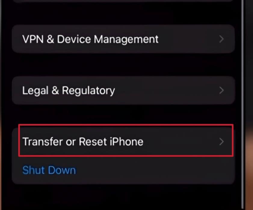 Transfer or reset iPhone option in the general settings