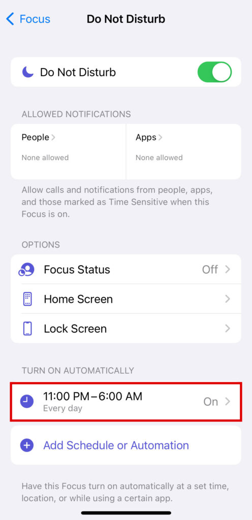 Turning on Do Not Disturb automatically by tapping schedule option and turning it on by pressing the toggle button