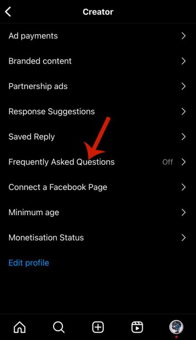 Frequently asked questions option inside the creator settings