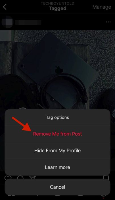 Remove me from post option in the menu