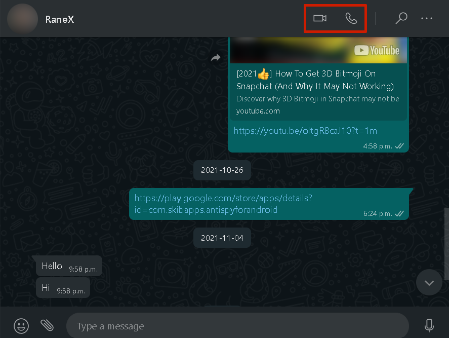 Voice and video call buttons in whatsapp for desktop