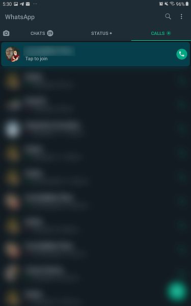 Whatsapp calls log with a group call highlighted
