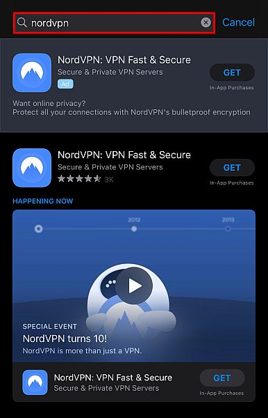 Searching Nord VPN app in Apple app store