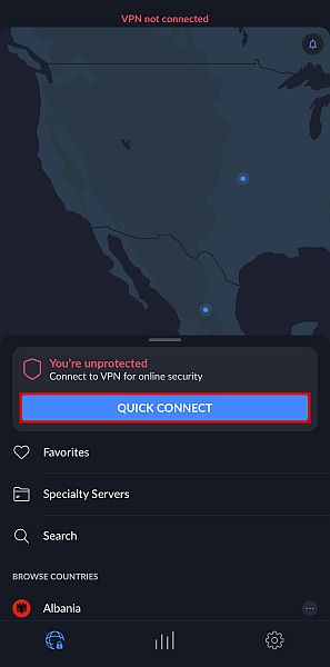 Nord VPN quick connect screen
