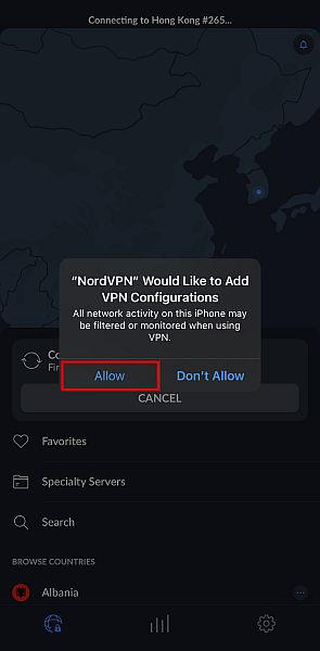 Allow Nord VPN to add configurations in iPhone