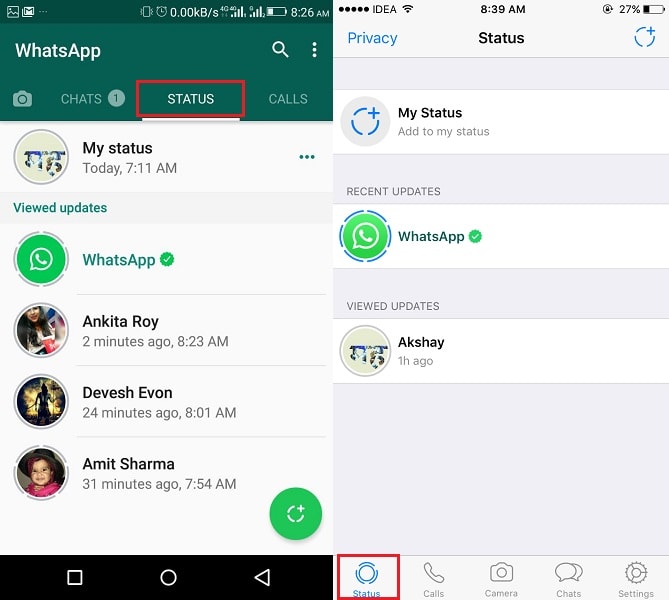 WhatsApp Status Update on iPhone Android