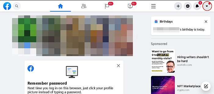 The account button in facebook on desktop