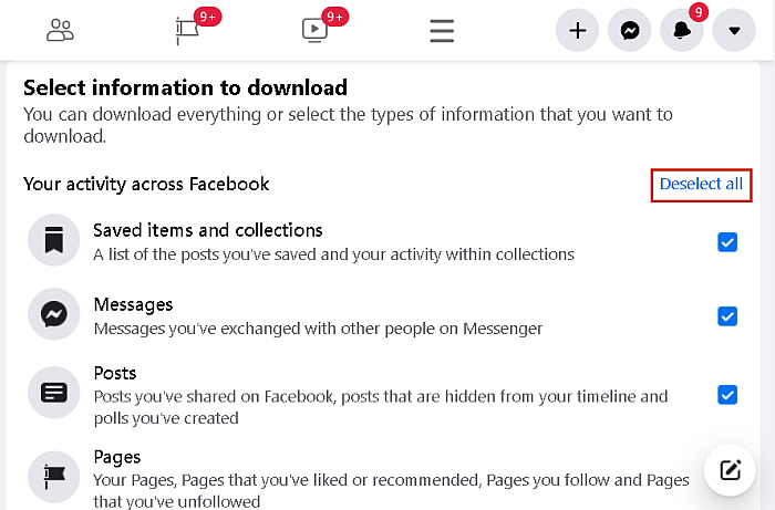 Facebook account data available for download and the deselect all button