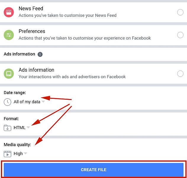 Choosing the date range, format and media quality of facebook messages to be downloaded