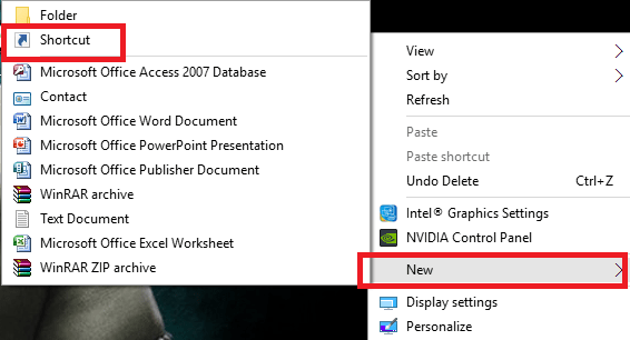 create shortcut in Windows