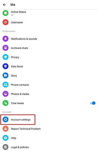 Facebook messenger profile menu and the account settings option