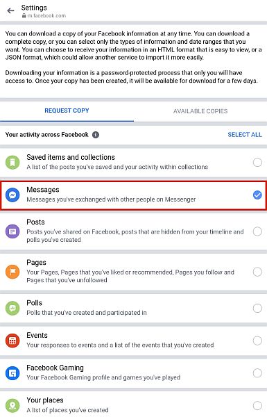 Selecting messages in Download your information option page in facebook messenger app