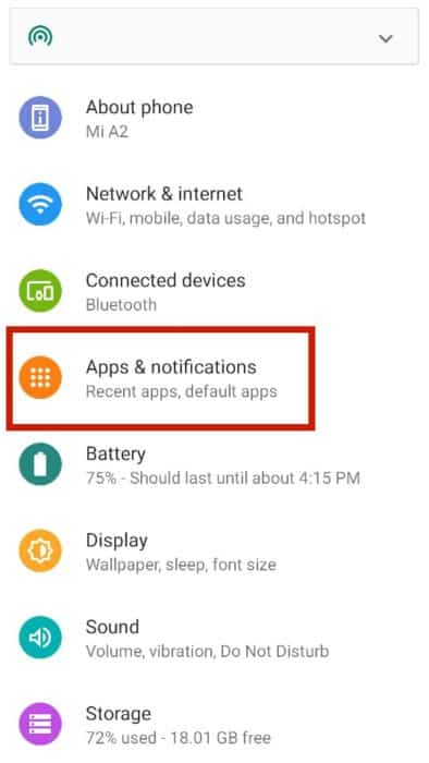 Apps and notifications option in the Android settings