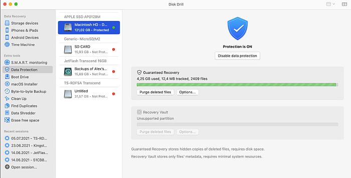 Disk Drill data protection dashboard