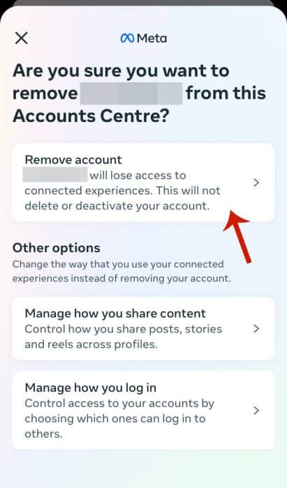 Remove account option on accounts centre screen