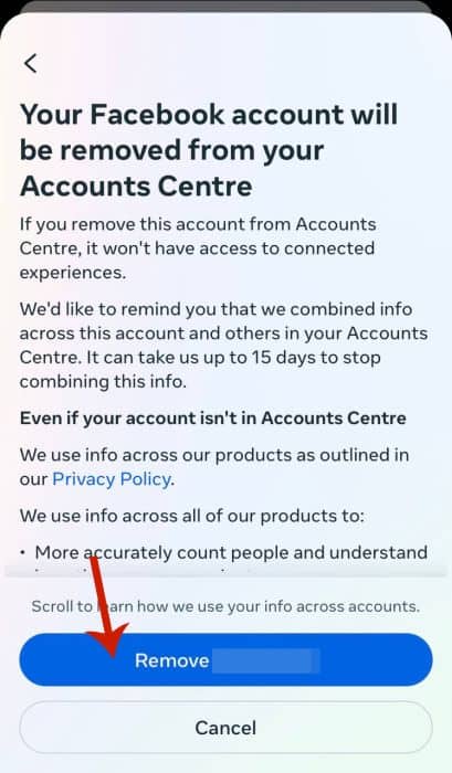 Final confirmation screen to remove the selected account