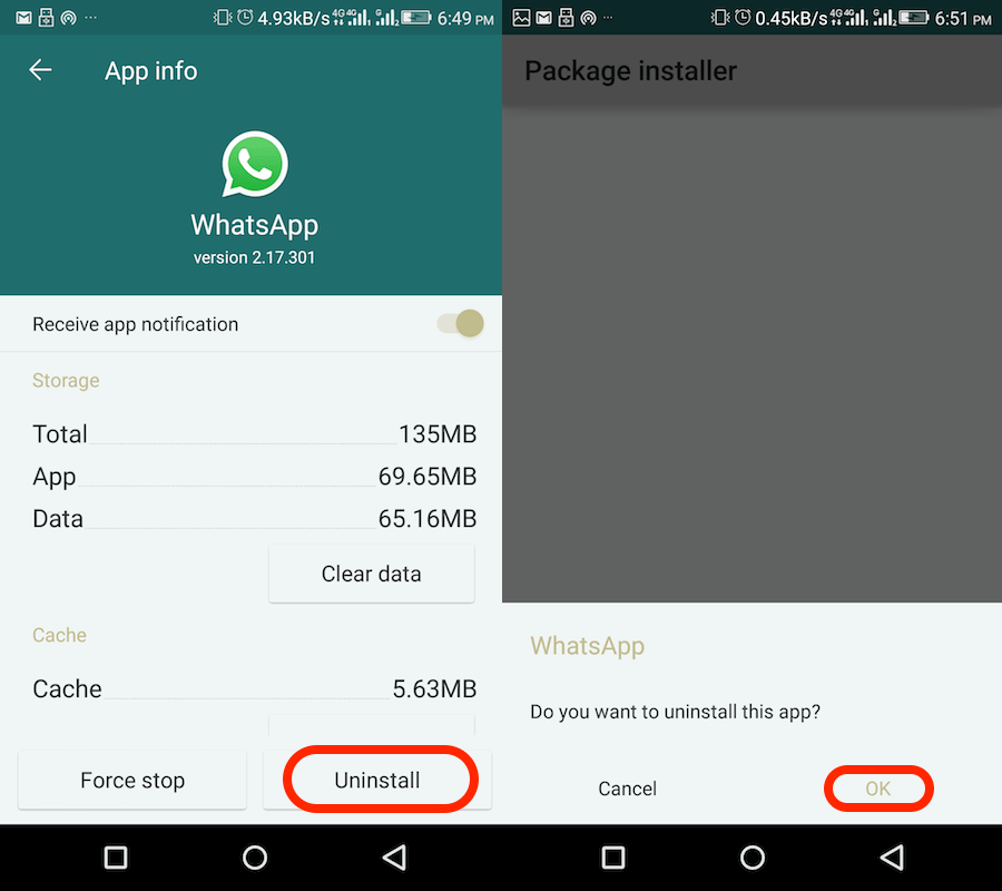 Uninstall WhatsApp on Android