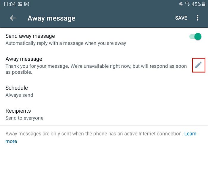 Away message settings in whatsapp for business