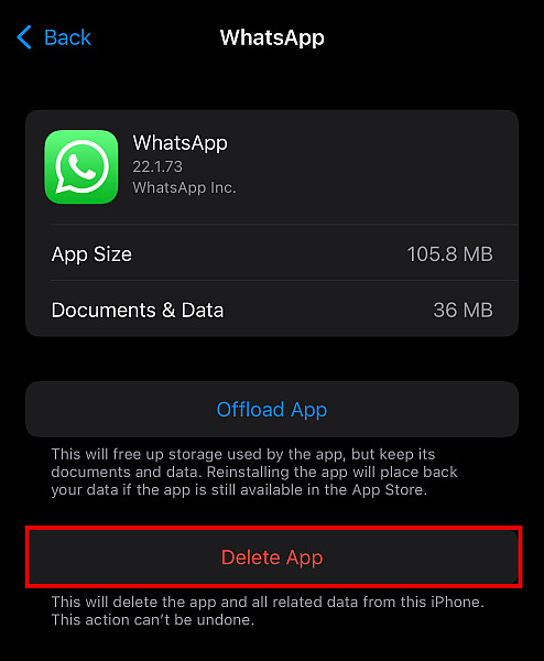 Deleting whatsapp in iphone via iphone settings