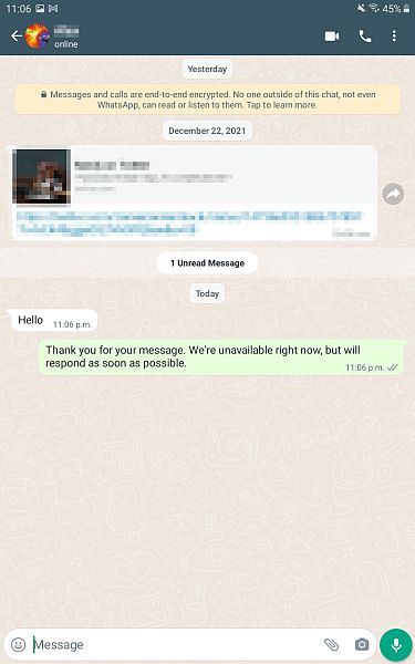 Away message as seen in whatsapp chat thread