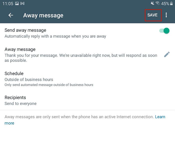 Saving away message settings in whatsapp business