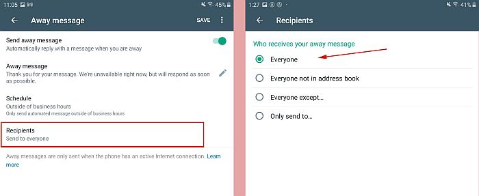 Selecting recipients for the away message in whatsapp business