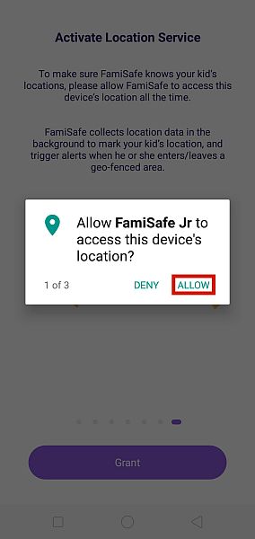 Famisafe device location access pop up message with the allow option highlighted