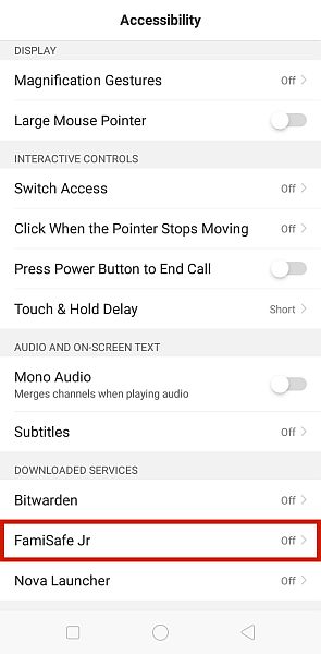 Android accessibility settings with the Famisafe jr option highlighted