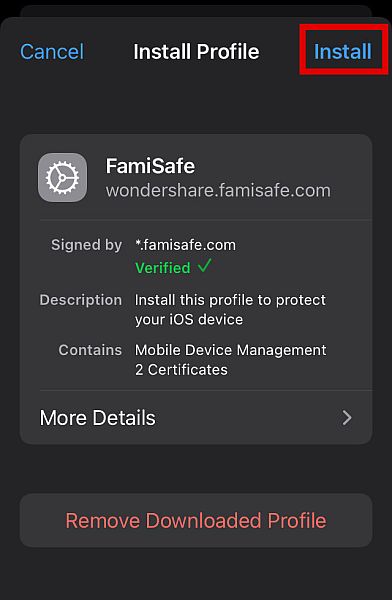 Famisafe ios profile installation page with the install button highlighted