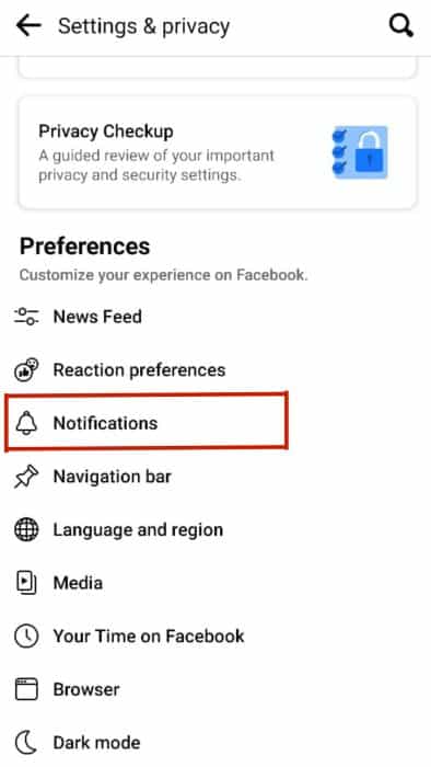 Notifications option in Facebook app preferences