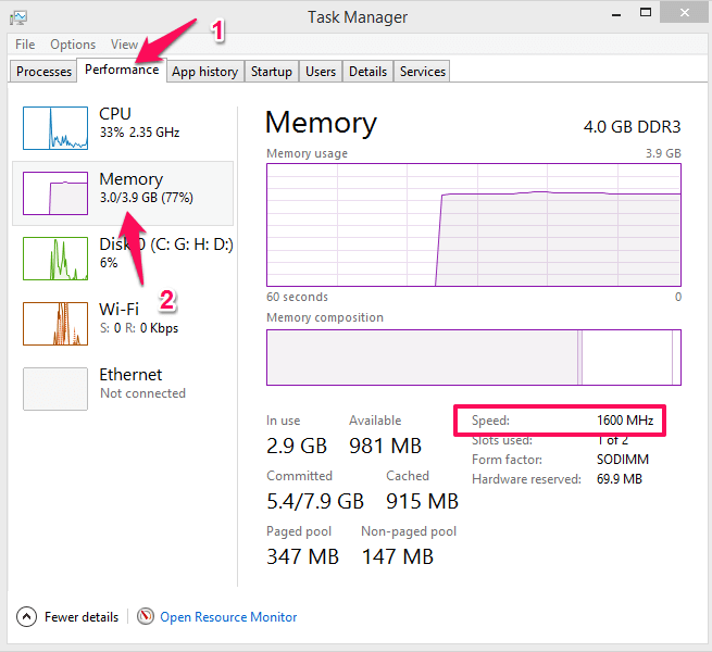 check RAM frequency using task manager on Windows