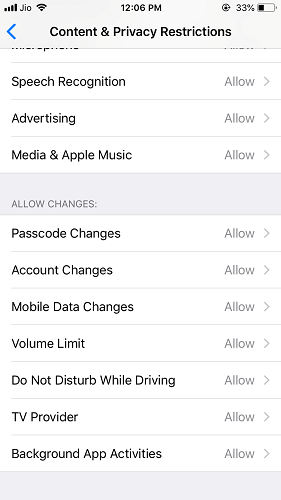 Allow changes - Restrict changes on iPhone