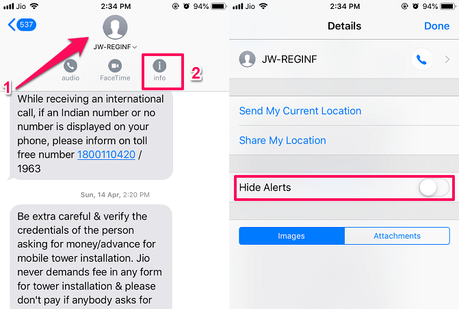 Hide alerts for Messages on iPhone